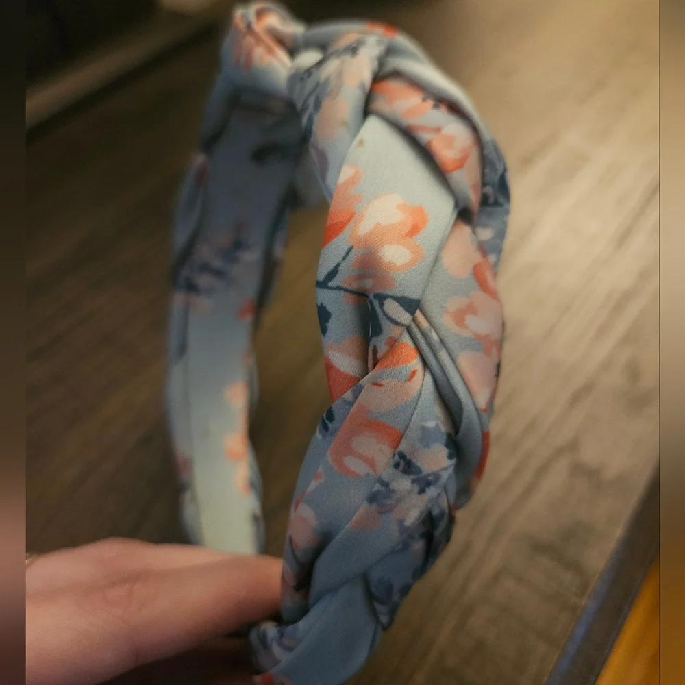 Light blue Braided Headband with Peach color Foral design
